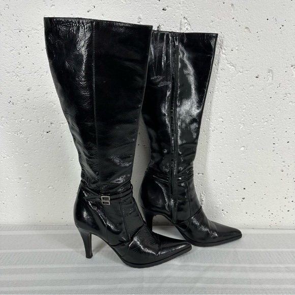 Faconnable size 6 Black Patent Leather Tall Heeled Boots - Picture 1 of 16
